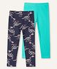 Ariel Cotton Knit Pack Of 2 Solid & Dinosaurs Printed Leggings - Turquoise & Navy Blue