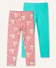 Ariel Cotton Knit Pack Of 2 Solid & Unicorn Printed Leggings - Orange & Turquoise Blue