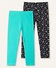 Ariel Cotton Knit Pack Of 2 Solid & Floral Printed Leggings - Black & Turquoise Blue