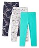 Ariel Cotton Knit Pack Of 3 Solid & Animals Printed Leggings - Navy Blue Grey & Turquoise Blue