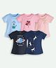 Ariel Cotton Knit Pack Of 5 Full Sleeves Unicorn & Hearts Printed Tees - Blue Pink Beige Black & Navy Blue