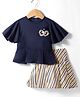 Enfance Core Half Bell Sleeves Pearl Embellished Floral Applique Detailed Top With Skirt Set - Navy Blue