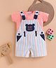 Wonderchild Teddy Bear Patch Detailed Striped Dungaree With Half Sleeves Tee Set - Deep Peach & Multi Colour