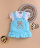 Wonderchild Teddy Bear Patch Detailed Pinafore Dress With Half Sleeves Top - White & Light Firozi