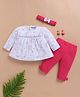 Wonderchild Full Sleeves Floral Printed Top & Pant Set With Headband - White & Rani