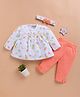 Wonderchild Full Sleeves Fruits Printed Top & Pant Set With Headband - White & Orange