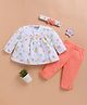 Wonderchild Full Sleeves Fruits Printed Top & Pant Set With Headband - White & Orange