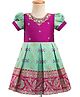 Enfance Half Puffed Sleeves Banarasi Floral Printed Pattu Pavdai Knee Length Dress - Green