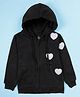 Kiddopanti Fleece Knit Full Sleeves Heart Patch Detailed & Sequins Embellished Hooded Light Winter Sweatshirt - Black