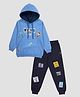 Kiddopanti Fleece Knit Full Sleeves New York City Printed Hooded Light Winter Sweatshirt & Track Pants Set - Dusty Blue & Navy Blue