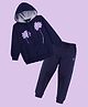 Kiddopanti Fleece Knit Full Sleeves Floral Embroidered & Sequins Embellished Winter Hooded Sweatshirt With Track Pants Set - Navy Blue