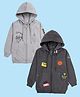 Kiddopanti Fleece Knit Pack Of 2 Full Sleeves Cartoon Printed & Patch Detailed Light Winter Hooded Sweatjacket - Steel Gray & Grey Melange