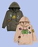 Kiddopanti Fleece Knit Halloween Theme Pack Of 2 Full Sleeves Spooky Pumpkin & Skeleton Printed Light Winter Hooded Sseatshirt - Military Green & Beige