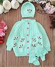 Woonie Hand Knit Full Sleeves Floral Designed Sweater Set with Cap and Booties - Green
