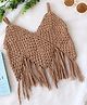 Woonie Cotton Knit Sleeveless Tassels Detailed Hand Knitted Crochet Top -  Brown