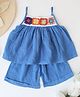 Woonie Cotton Woven Sleeveless Floral Crochet Designed Top & Shorts Set - Blue