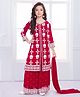 Ministitch Georgette Woven Three Fourth Sleeves Floral Embroidered Mirror Work Detailed Kurti & Palazzo With Dupatta Set - Red