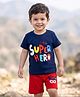 Kookie Kids Interlock Knit Half Sleeves T-Shirt & Shorts Set with Text Graphic - Royal Blue & Red