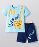 Kookie Kids Interlock Knit Half Sleeves T-Shirt & Shorts Set with Giraffe Graphic - Blue