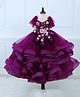 Li & Li Couture Net Woven Flutter Sleeves Floral Applique & Ruffle Detailed Layered Gown - Plum Purple