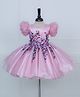 Li & Li Couture Organza Woven Half Puffed Sleeves Floral Embroidered Pearls Embellished Dress - Baby Pink