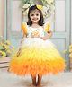 Li & Li Couture Net Woven Frill Sleeves Floral & Chick Embroidered Sequins Embellished Gown - White Tangerine Orange Jack Fruit & Gold Yellow