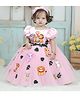Li & Li Couture Satin Woven Half Puffed Sleeves Beads Embellished Baby Animals Printed Leaf Applique Detailed Gown - Baby Pink