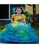 Li & Li Couture Net Woven Half Ruffled Sleeves Floral Applique Detailed Stones & Beads Embellished Layered Ombre Handcrafted Gown - Yellow & Sea Blue.