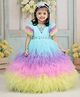 Li & Li Couture Net Woven Half Ruffled Sleeves Beads Embellished Frilled Detailed Ombre Gown - Turquoise & Multi Colour