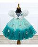Li & Li Couture Fur Woven Half Sleeves Starfish Applique Detailed Pearls Embellished Ombre Dress - White Sea & Teal Green
