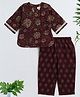 The Magic Wand Cotton Woven Three Fourth Sleeves Floral Printed Lace Detailed Top & Pant Set - Wine