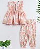 The Magic Wand Cotton Woven Frill Sleeves Floral Printed Gota Lace Embellished Peplum Kurti & Pants Set - Peach