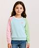 Bubble Berry Knit Full Sleeves Colour Blocked & Heart Glitter Patch Detailed Oversized Winter Sweatshirt - Blue Pink & Sea Green