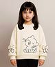 Bubble Berry Knit Full Sleeves Cat Printed Bow Applique Detailed Oversized Winter Sweatshirt - Cream