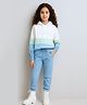 Bubble Berry Knit Full Sleeves Colour Blocked & Cloud Soft Text Puff Printed Hooded Oversized Winter Sweatshirt & Joggers Set - White & Blue
