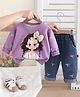 Googo Gaaga Cotton Knit Full Sleeves Cute Girl Printed Light Winter Sweatshirt With Jeans Set - Purple