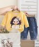 Googo Gaaga Cotton Knit Full Sleeves Cute Girl Printed Light Winter Sweatshirt With Jeans Set - Yellow