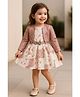 Lagorii Rayon Woven Floral Printed & Bow Applique Detailed Dress With Full Sleeves Sequins Embellished Jacket Set - Pink