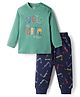 Zero Interlock Knit Full Sleeves T-Shirt & Lounge Pant  Set with Text Print - Green & Navy Blue
