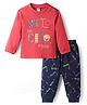 Zero Interlock Knit Full Sleeves T-Shirt & Lounge Pant  Set with Text Print - Red & Navy Blue