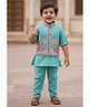 Lagorii Silk Woven Full Sleeves Solid Printed Kurta Pyjama With Floral Embroidered Nehru Jacket Set - Teal Blue