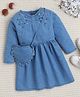 Bright Stars KIDSWEAR Denim Woven Full Sleeves Pearls Embellished Dress With Sling Bag Set - Blue