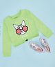Pantaloons Junior Cotton Knit Full Sleeves Sequins Embellished Cat Printed Tee - Green