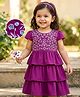 Babyhug Cotton Woven Half Cap Sleeves Layered Frock with Floral Embroidery - Wine