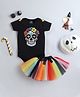 TINY MINY MEE Cotton Lycra Knit Halloween Theme Half Sleeves Skull Printed Onesie With Skirt Costume Set - Black