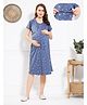 Quira Cotton Blend Woven Half Sleeves Floral Printed Maternity Nighty With Overlap Concealed Zipper Nursing Access - Blue