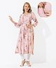 Quira Cotton Blend Woven Half Bell Sleeves Floral Printed Maternity Nursing Dress With Side Zipper Nursing Access - Pink