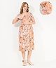 Quira Cotton Blend Woven Half Sleeves Birds Printed Maternity Dress With Side Zipper Nursing Access - Orange