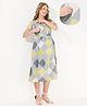 Quira Cotton Blend Woven Half Sleeves Checked & Floral Printed Maternity Dress With Side Zipper Nursing Access - Grey
