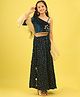 ISHTI Velvet Woven Sleeveless Floral Applique Detailed Gota Lace Embellished Lehenga Choli With Dupatta Set - Teal Blue